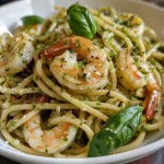 Pasta al pesto con camarones frescos en un plato blanco.