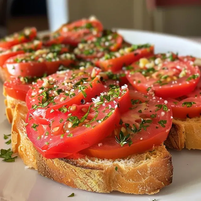 Una vista lateral de un Pan con tomate jugoso sobre una superficie rústica.