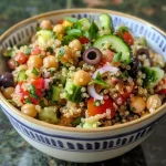 Ensalada mediterránea de quinoa con ingredientes frescos.