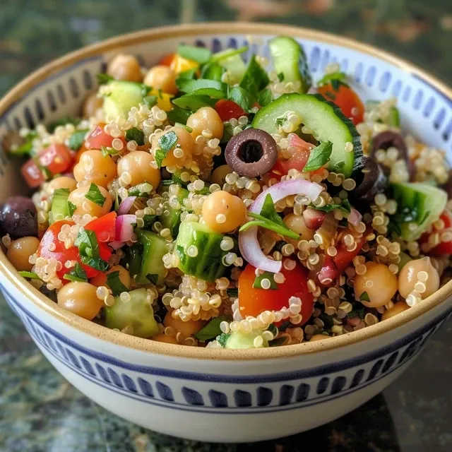 Ensalada mediterránea de quinoa con ingredientes frescos.
