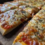 Masa de pizza integral casera en primer plano, textura rugosa y dorada.