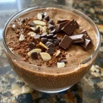 Pudding de chocolate y chía en un bol con textura cremosa y decorado con frutos rojos.
