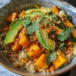Nahaufnahme eines bunten Gemüsecouscous mit Avocado und Kichererbsen.
