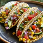 Nahaufnahme von bunten, gerösteten Gemüsestücken in Taco-Füllung.