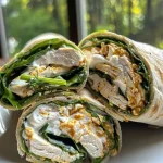 Nahaufnahme eines Spinach Turkey Wrap, der frisch zubereitet aussieht.