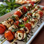 Nahaufnahme von Caprese-Spießen mit Tomaten, Mozzarella und Basilikum.