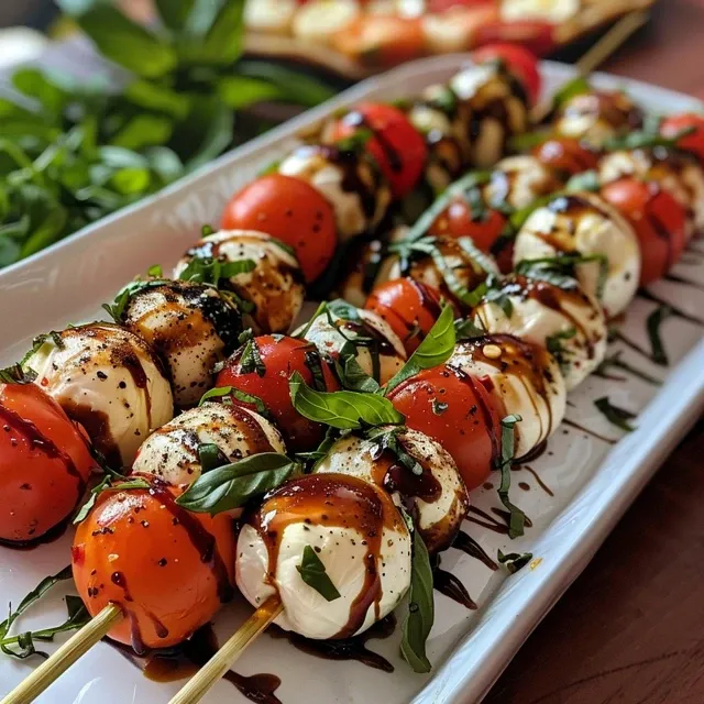 Brochetas Caprese: Un Bocado Fresco y Colorido para Sorprender Nahaufnahme von Caprese-Spießen mit Tomaten, Mozzarella und Basilikum.