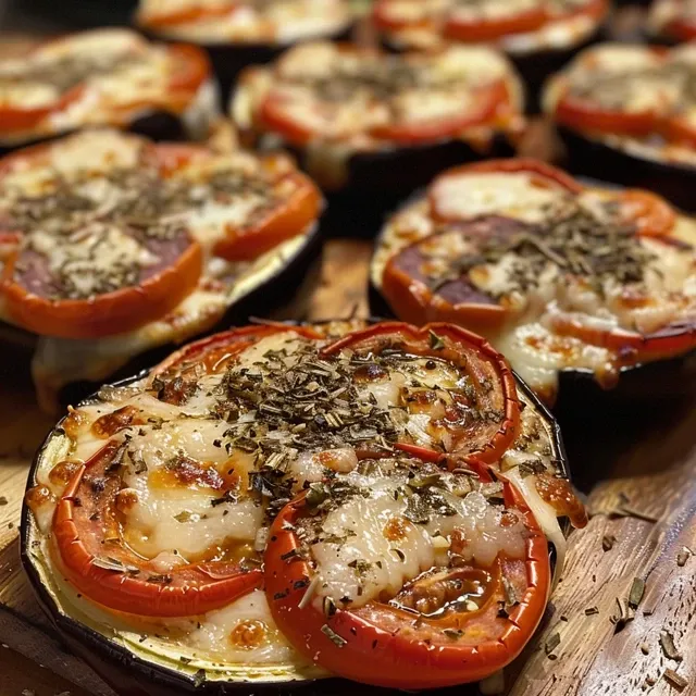 Mini Pizzas de Berenjena: Delicias Saludables para Compartir Eine Nahaufnahme von Mini-Pizzen aus Auberginen mit einer goldbraunen Käsekruste.