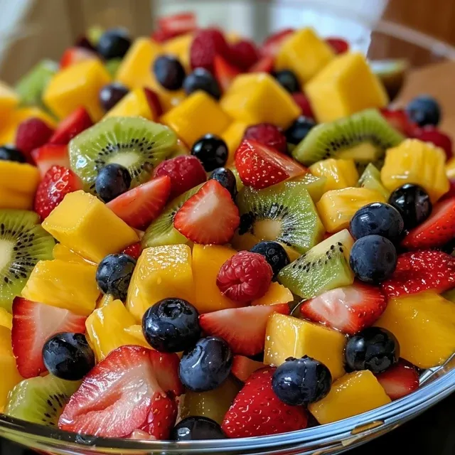 Seitenansicht eines frischen Obstsalats mit Erdbeeren, Mangos und Kiwis.
