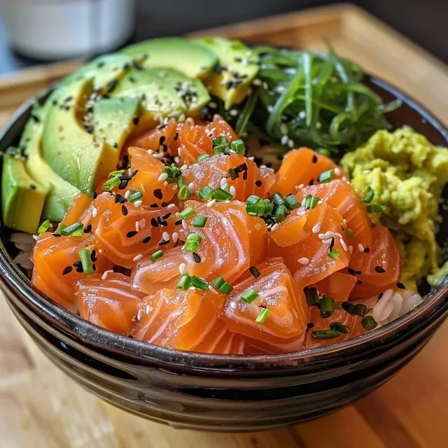 Seitenansicht einer bunten Poke-Bowl mit Sushi-Reis und Gemüse.
