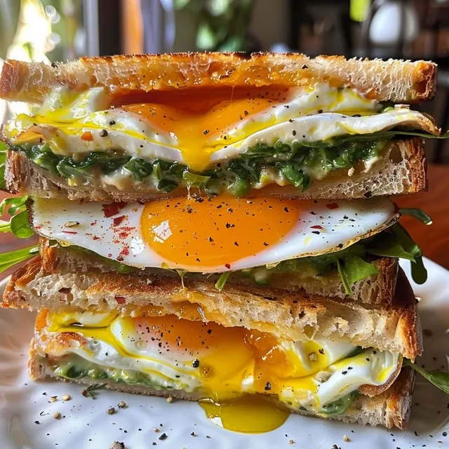 Seiteansicht eines appetitlichen Sandwich de huevo, gefüllt mit Eiern und Avocado.