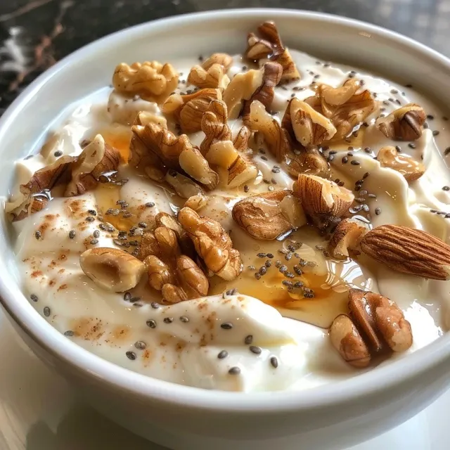 Seitenansicht eines Schälchens Jogurt mit flüssigem Honig und einer Mischung aus Nüssen.