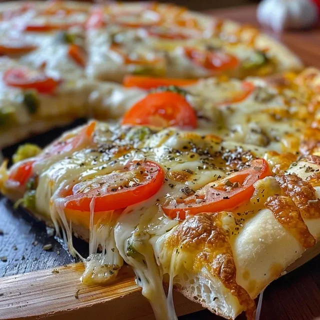 Seiteansicht einer frisch gebackenen vegetarischen Pizza mit Käse und Gemüse.