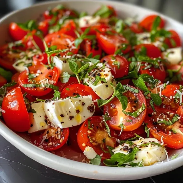 Seiteansicht einer saftigen Ensalada de tomates cherry, reichhaltig dekoriert.
