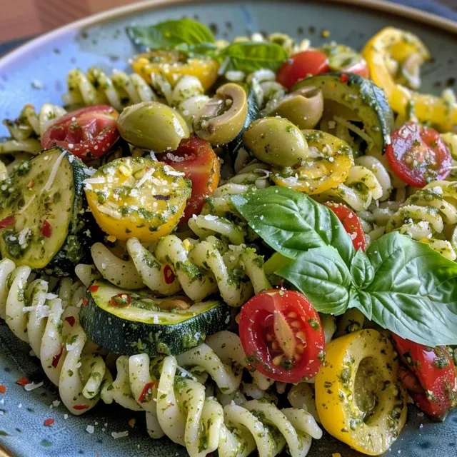 Primer plano de una ensalada cremosa de pasta con aguacate, rodeada de verduras asadas.