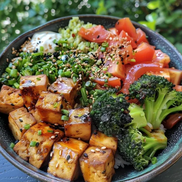 Vista lateral de un Buddha Bowl lleno de tofu, arroz y coloridas verduras.
