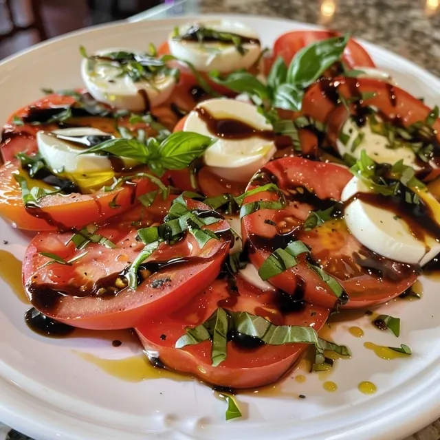 Vista lateral de una ensalada Caprese con albahaca y balsámico.