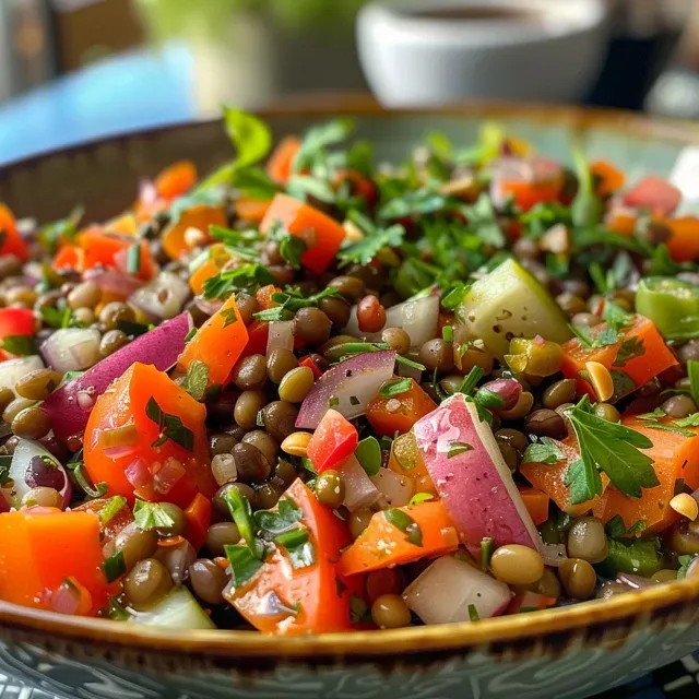 Seitenansicht einer frischen Ensalada de Lentejas auf einem weißen Teller.