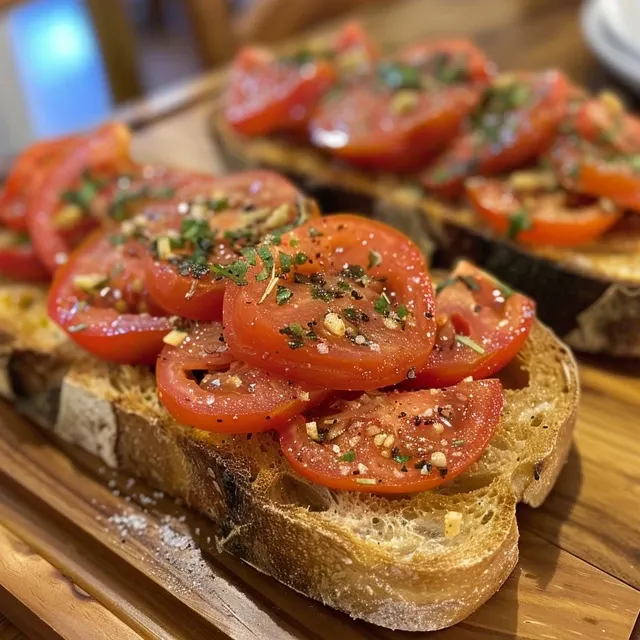 Pan con tomate jugoso sobre una tabla de madera.