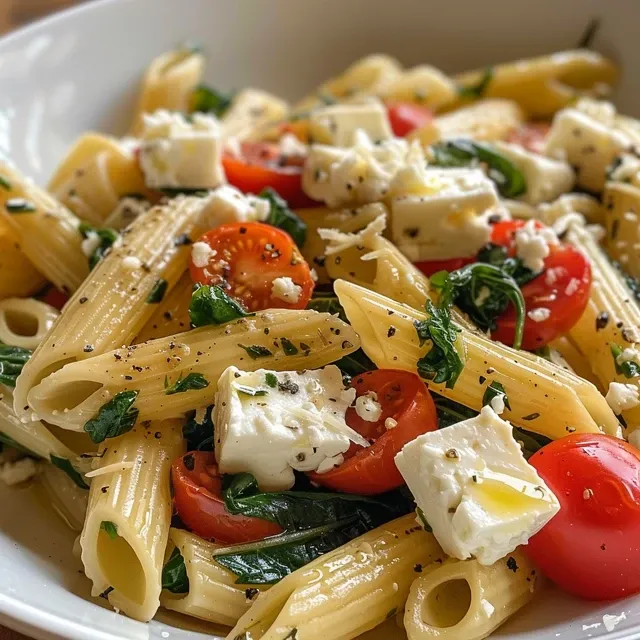 Tazón de pasta mediterránea con ingredientes frescos y coloridos.