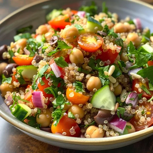 Plato colorido de quinoa con verduras y garbanzos.