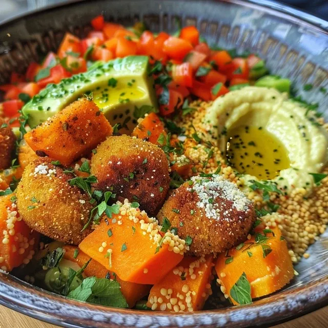 Seiteansicht einer Schüssel mit vegetarischem Couscous, dekoriert mit Hummus und frischem Gemüse.