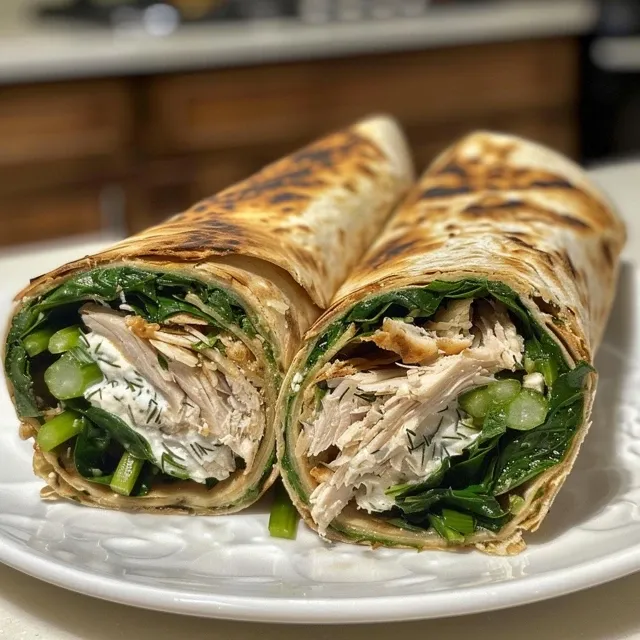 Seiteansicht eines köstlichen Wraps mit Spinat und Putenbrust auf einem Tisch.