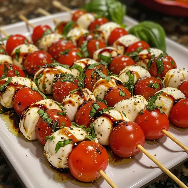 Frische Caprese-Spieße angerichtet auf einem Teller, sichtbar sind Cherry-Tomaten und Käse.