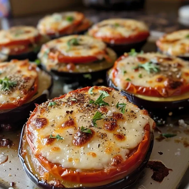 Seiteansicht von Mini-Pizzen aus Auberginen, belegt mit Tomatensauce und Käse.