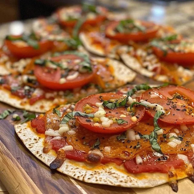 Seitenansicht einer saftigen Tortilla-Pizza mit frischen Zutaten.