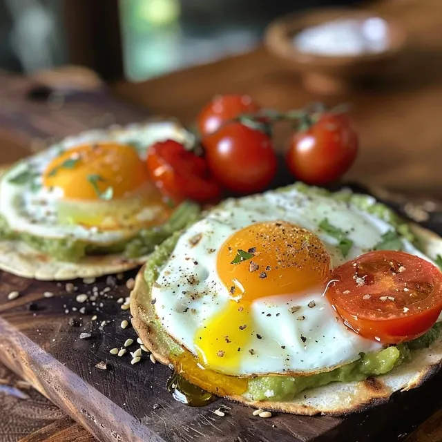 Seiteansicht von Tostadas mit Avocado und Ei, dekoriert mit Kirschtomaten.