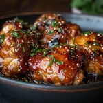 Porción de Pollo con soja y miel con ingredientes visibles alrededor.