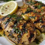 Vista lateral de un plato de pollo a la parrilla con aceitunas y hierbas.