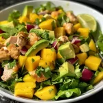 Tazón de ensalada con pollo, aguacate, mango y semillas de sésamo, vista lateral.