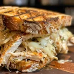 Vista lateral de un Panini con queso derretido y trozos de pollo.