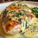 Vista lateral de un plato de Pollo Cremoso con Espinacas y Queso Mozzarella, con ingredientes frescos.