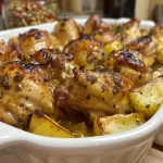 Muslos de pollo dorados rodeados de cebolleta, patatas y zanahorias, en primer plano.