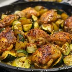 Pechuga de pollo jugosa acompañada de calabacín, vista lateral con textura rica.