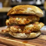 Vista lateral de hamburguesas de pollo caseras en un fondo natural.