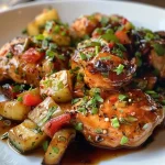 Tazón de pollo jugoso, cebolla blanca y verduras variadas en salsa de soja.