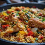 Imagen detallada de Pollo con Arroz, con colores vibrantes de las verduras frescas.