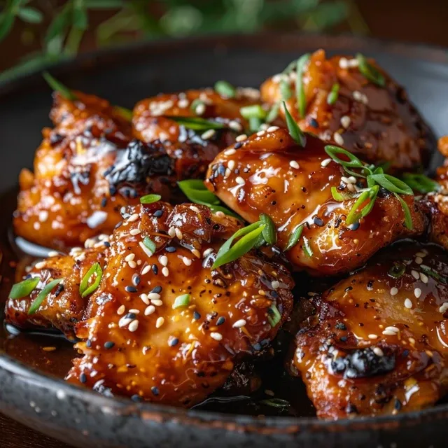 Pollo con soja y miel con semillas de sésamo espolvoreadas.