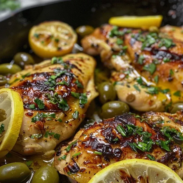 Pollo a la parrilla con aderezo de aceite de oliva y limón, decorado con aceitunas.