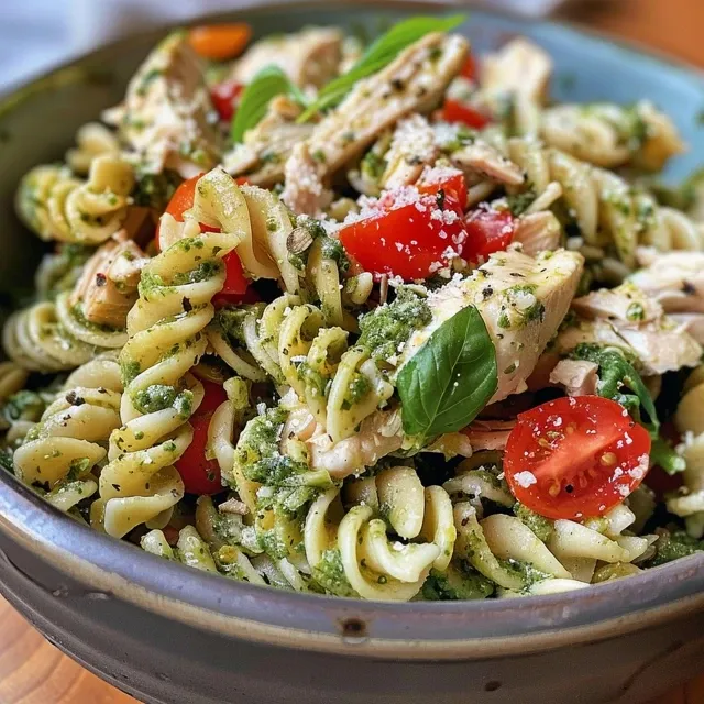 Vista lateral de un plato de pollo con cherry y albahaca, servido con espagueti.