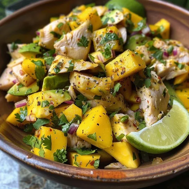 Ensalada fresca de mango y aguacate con pollo y aderezo, vista lateral, colorido y apetitoso.