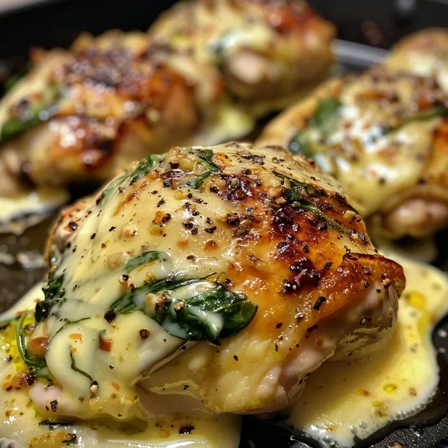 Pollo tierno con salsa verde y queso derretido, servido en un plato de cerámica.