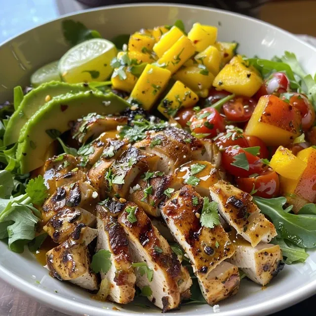 Ensalada fresca de pollo, mango y aguacate, decorada con cilantro en un plato blanco.