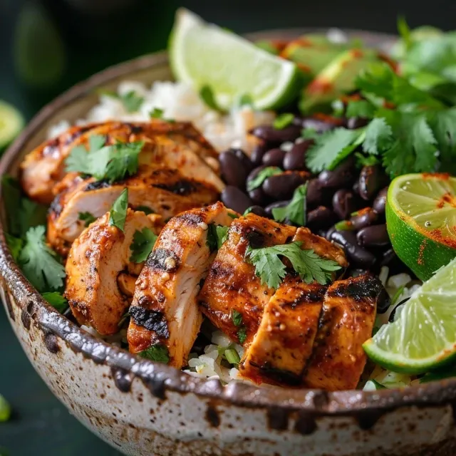 Tazón de pollo chipotle con arroz, frijoles y cilantro.