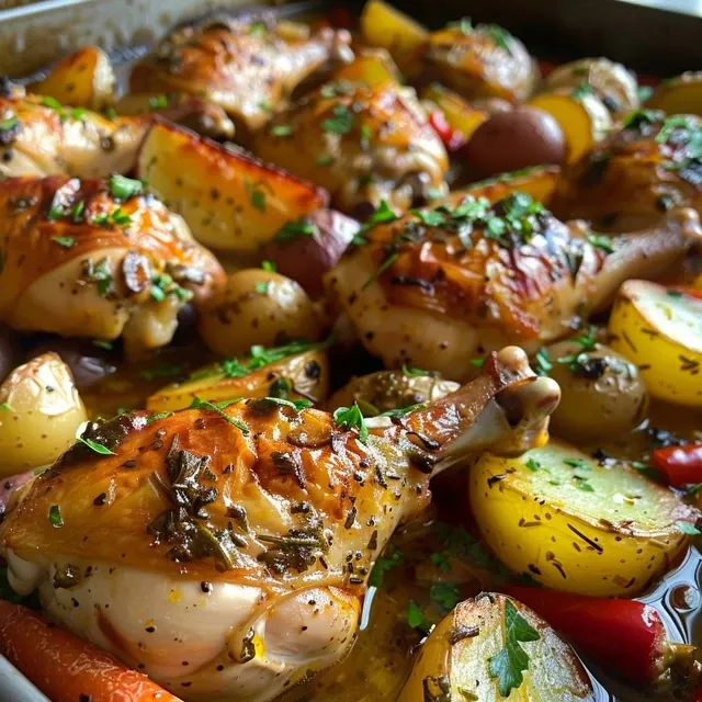 Comida casera con muslos de pollo al horno y una variedad de verduras frescas.