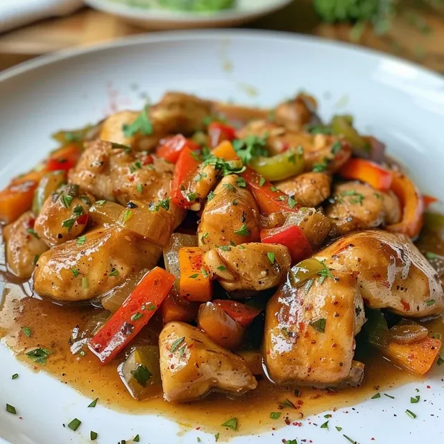 Vista lateral de un plato de pollo a la soja con ingredientes frescos.